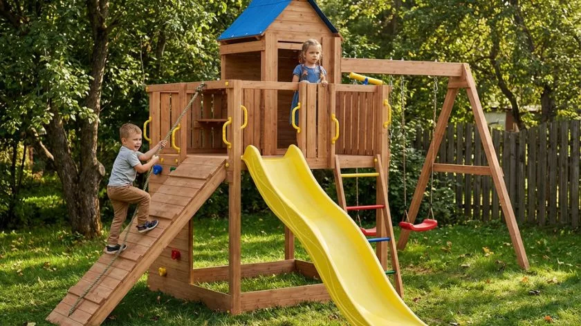 Детска дървена площадка с жълта пързалка, люлка и катерушка за игра в градина