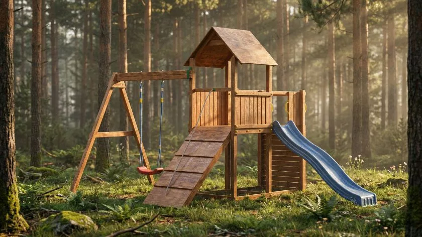 Детска дървена площадка с пързалка и люлка в природна среда от естествено дърво