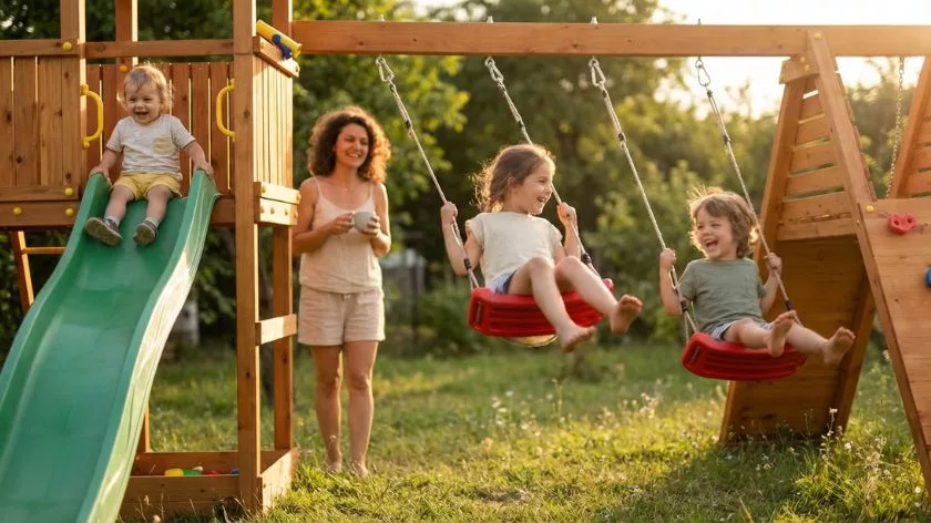 Детска дървена площадка с люлки и пързалка за игра в двор с деца и родители