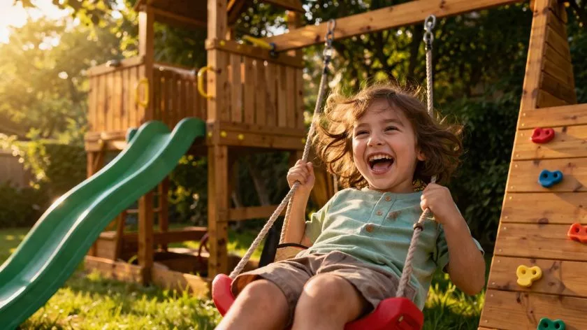 Дете на люлка към дървена площадка с пързалка и катерушка в естествен дървен цвят