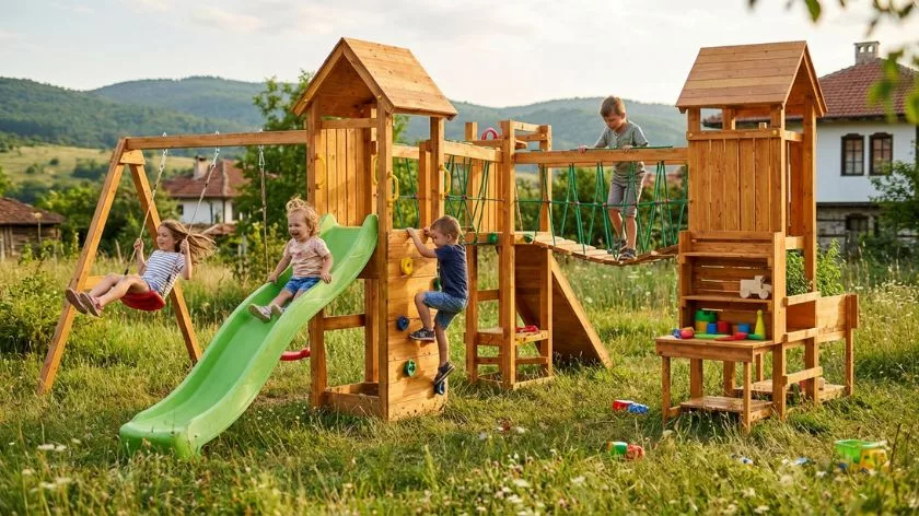 Голяма детска дървена площадка с мост, пързалка и люлки в естествен дървен цвят за двор
