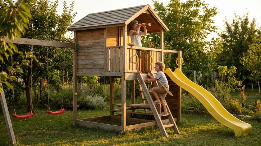 Детска дървена къщичка с пързалка и люлка в двор за игра на открито за деца