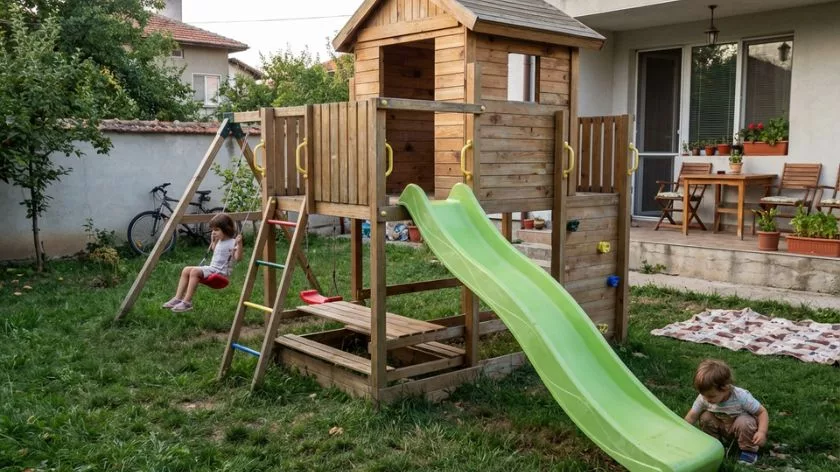 Детска дървена площадка с пързалка и люлка за игра в двор в естествен дървен цвят