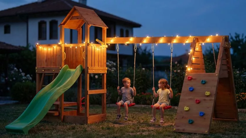 Детска дървена площадка с люлки и пързалка с осветление за вечерна игра в двор