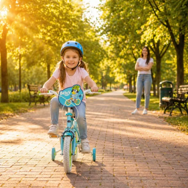 Детски велосипед 14 инча Bluey син зелен с помощни колела за деца
