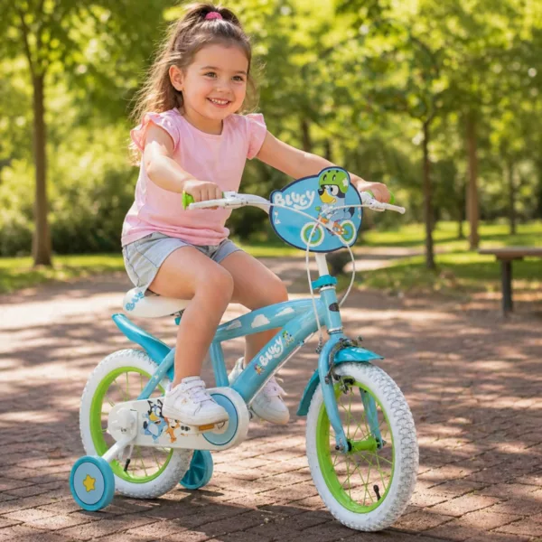 Детски велосипед 16 инча Bluey син зелен с помощни колела и дизайн анимация