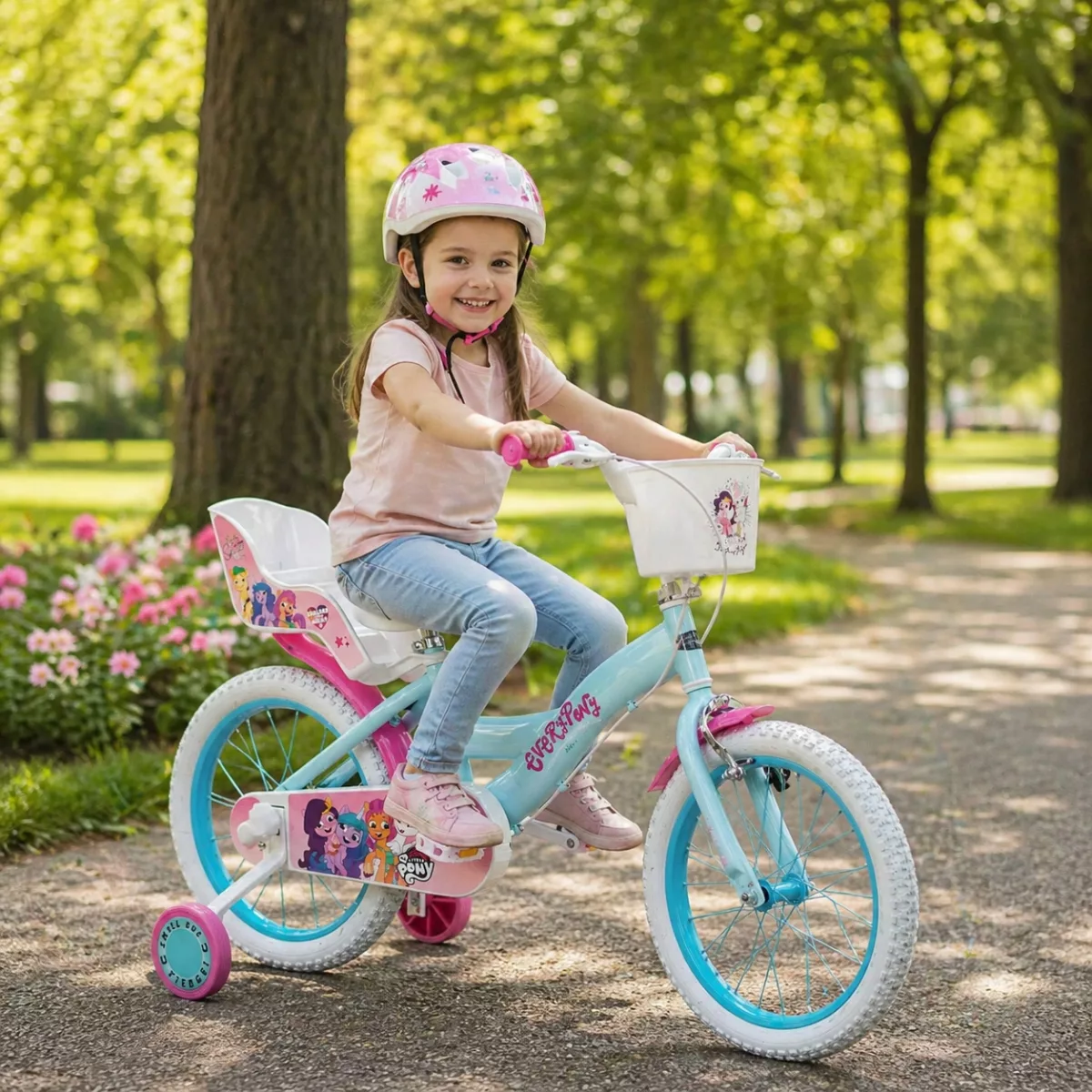 Детски велосипед 16 инча My Little Pony за момиче с помощни колела и каска