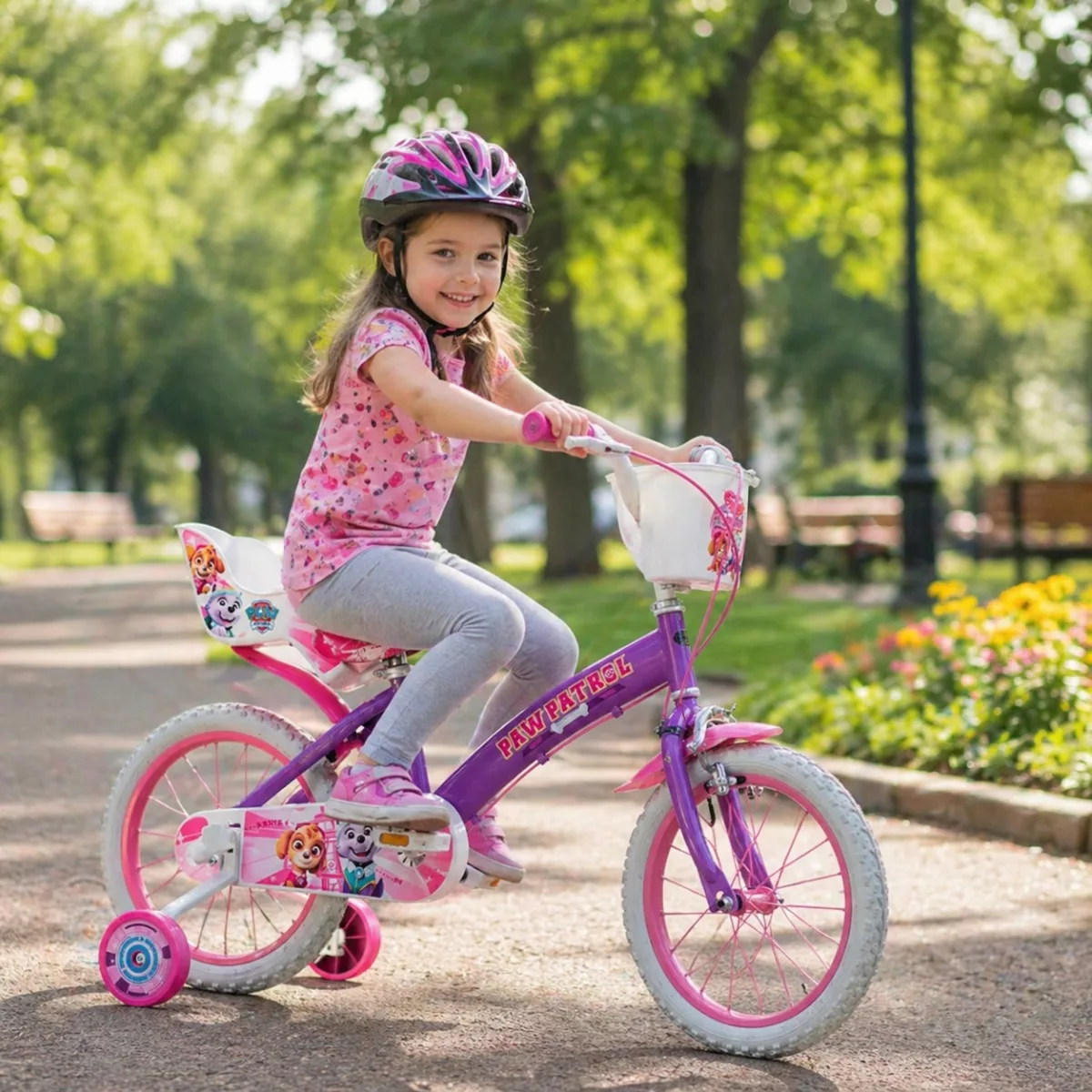 Детски велосипед 16 инча Paw Patrol розово лилав с помощни колела за момиче