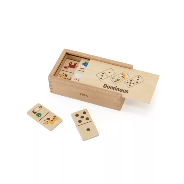 Дървено домино 2 в 1 Viga Toys с кутия и плочки животни и точки