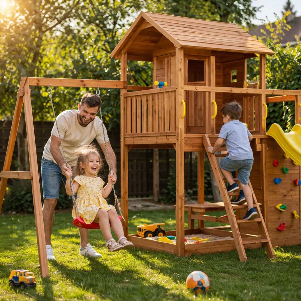 Дървена детска площадка с пързалка и люлки деца игра Fungoo Moonlight