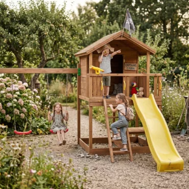Дървена детска площадка къща на дърво с пързалка люлки и катерушка