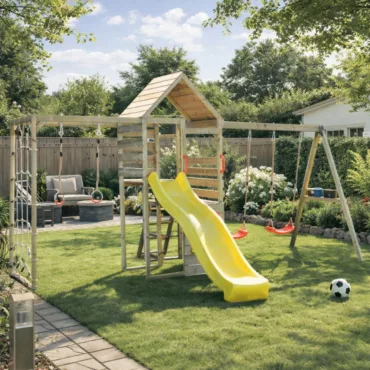 Детска дървена площадка за двор с люлки и жълта пързалка Wendi за деца над 3 години