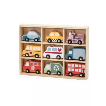 Дървени превозни средства PolarB подредени в дървена кутия с отделения