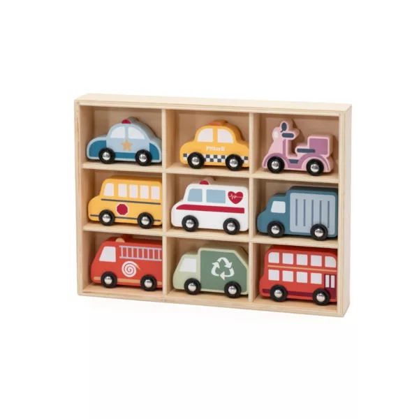Дървени превозни средства PolarB подредени в дървена кутия с отделения