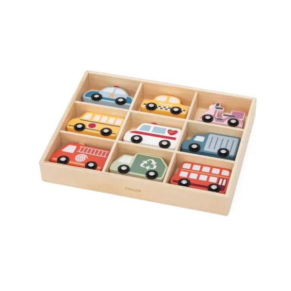 Комплект дървени колички PolarB в кутия с отделения цветни превозни средства