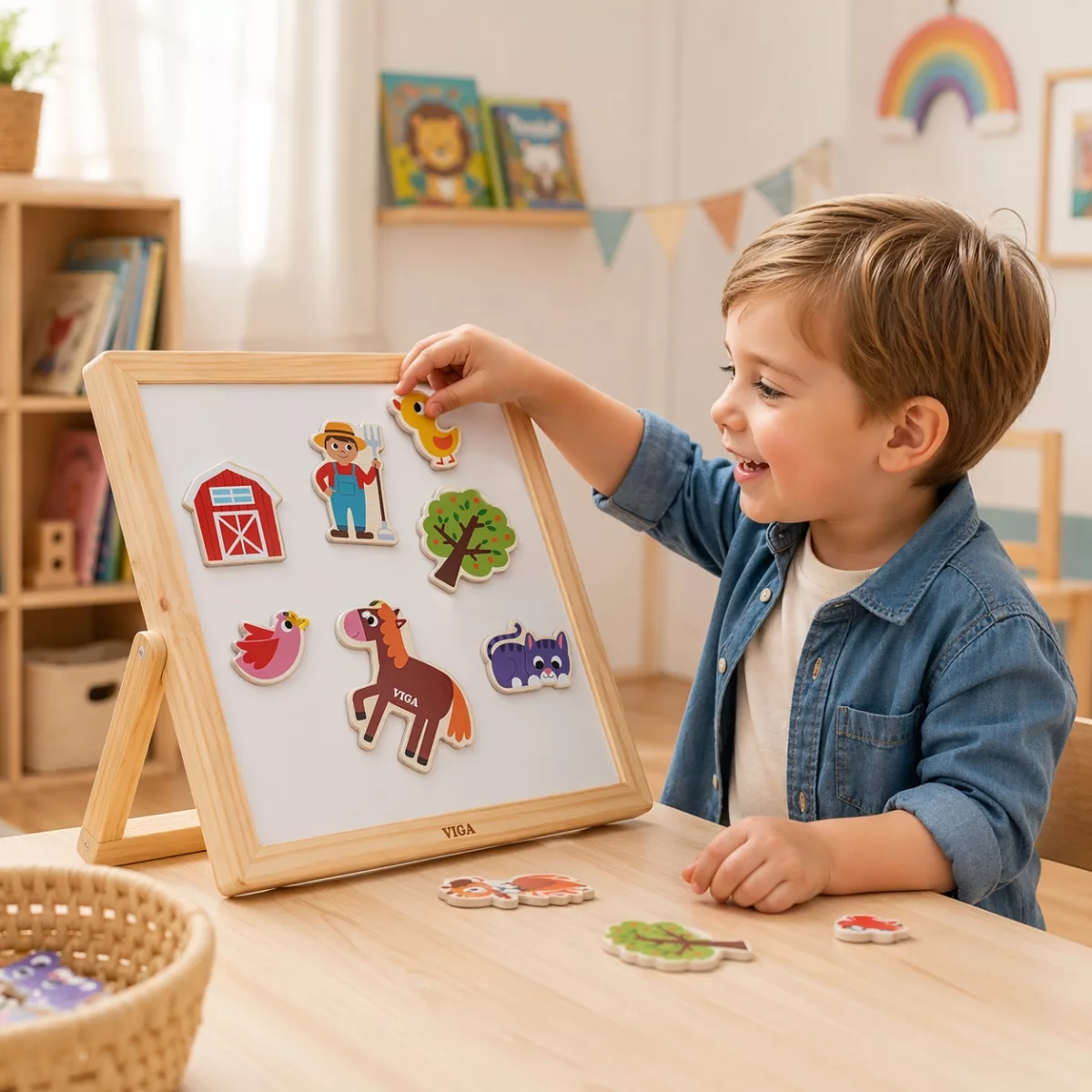 Магнитни дървени животни ферма Viga Toys с дете играещо на магнитна дъска