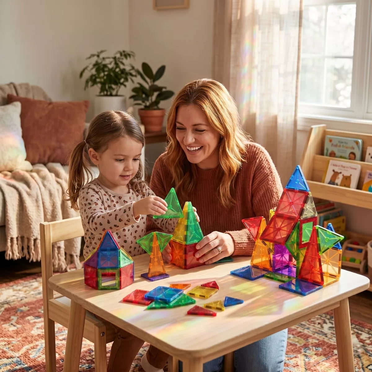 Дете и родител играят с магнитен конструктор Jolly цветни блокчета Монтесори