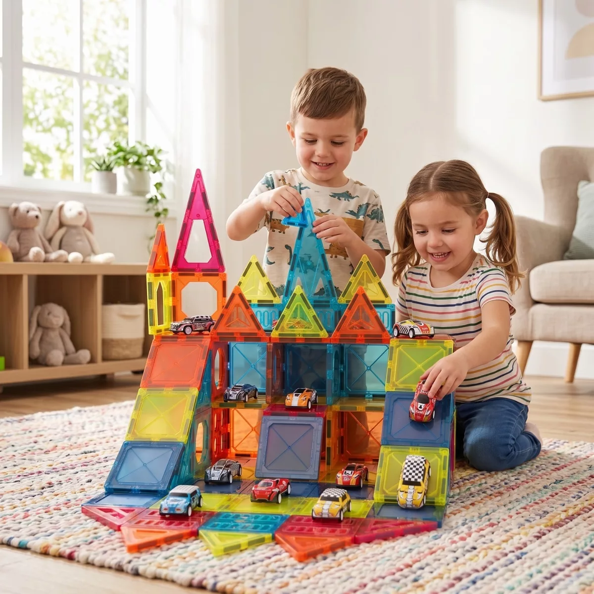 Магнитен конструктор с коли паркинг и писта игра за деца цветен комплект