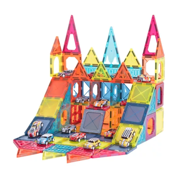 Магнитен конструктор с коли паркинг гараж и писта цветен комплект за деца