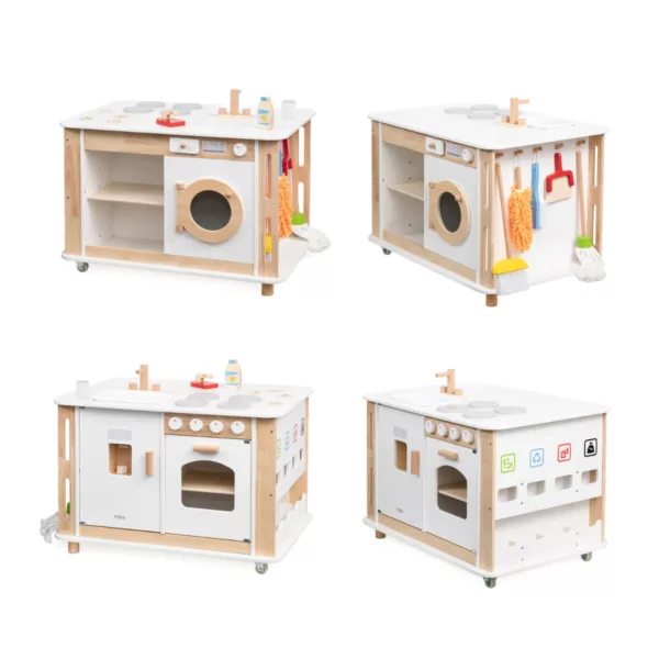 Монтесори център за игра Viga Toys с кухня пералня и почистване дървен бял