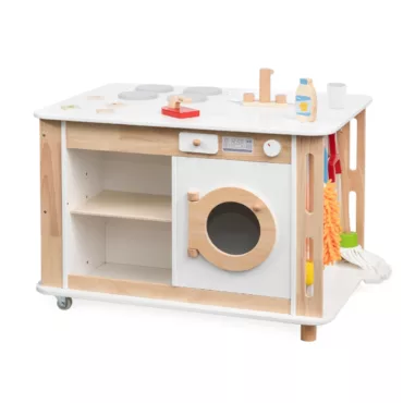 Монтесори дървен център за игра Viga Toys с кухня пералня и аксесоари бял