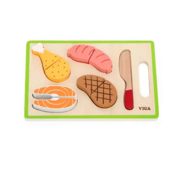 Дървен Монтесори комплект за рязане месо Viga Toys пържола риба пиле дървен