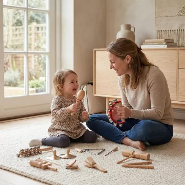 Детски музикален комплект Classic World с дървени маракаси и дайре за игра у дома