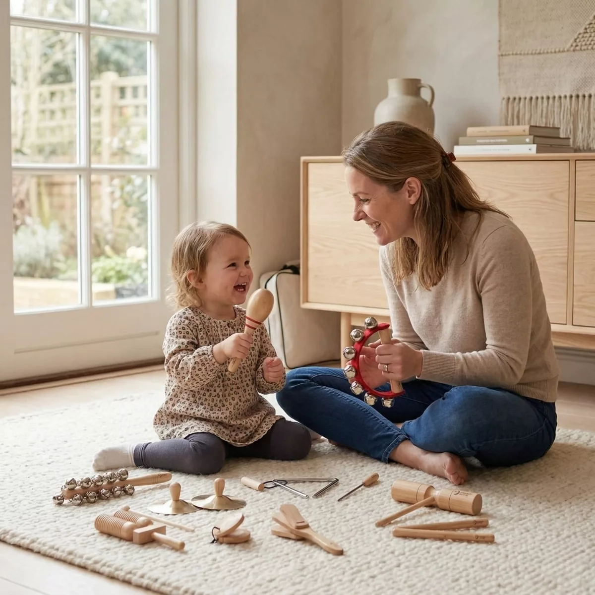 Детски музикален комплект Classic World с дървени маракаси и дайре за игра у дома