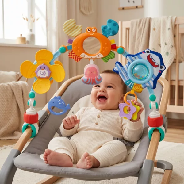 Бебе играе със сензорна арка за количка стимулира сетивата и координацията