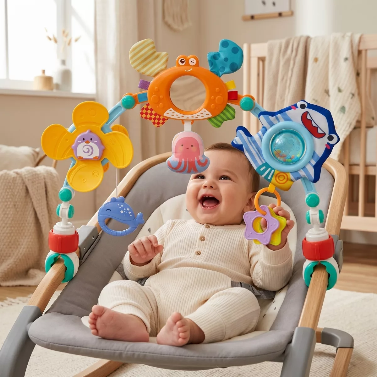 Бебе играе със сензорна арка за количка стимулира сетивата и координацията