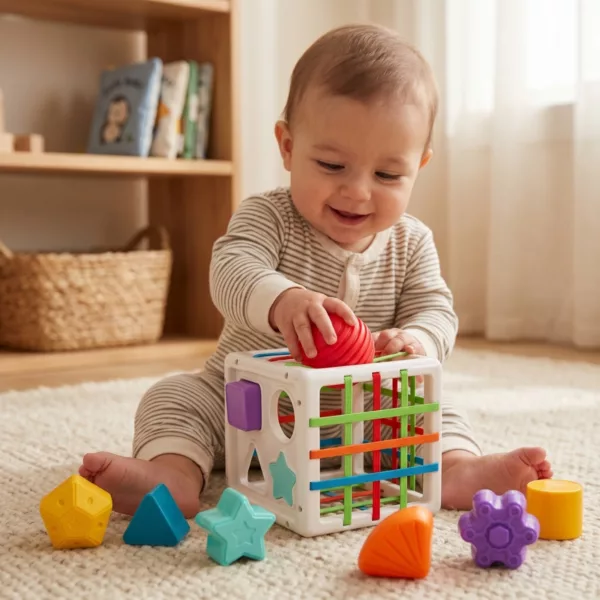 Сензорно кубче с форми и ластици бебе играе сортиране и развитие 11 части