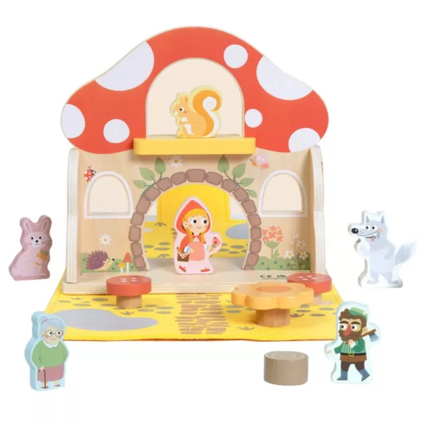 Дървена къщичка Червената шапчица Tooky Toy с приказни фигури и аксесоари