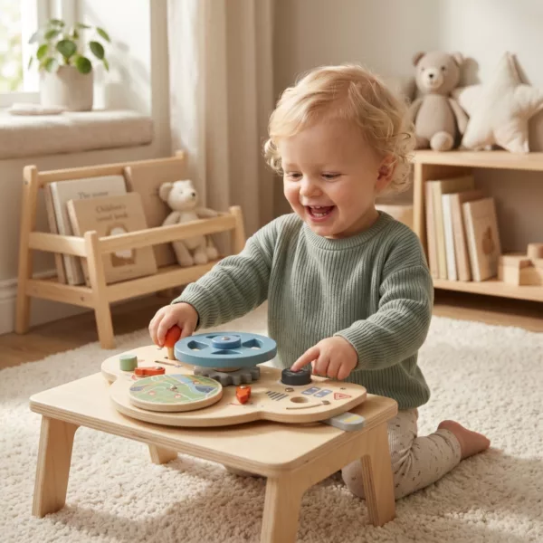 Малко дете играе с дървена сензорна дъска Волан Tooky Toy бизиборд с активности