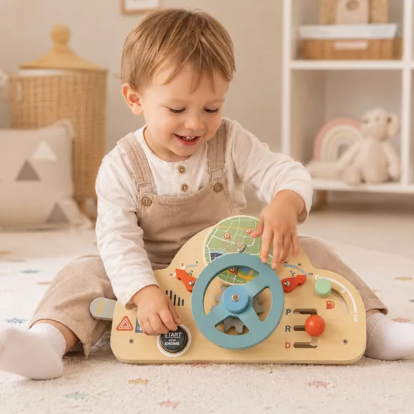 Момче играе с дървена сензорна дъска Волан Tooky Toy бизиборд за деца