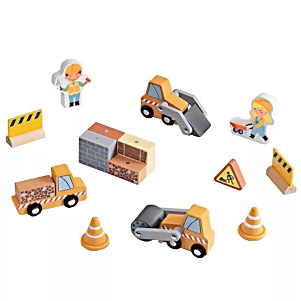 Дървени строителни машини и фигурки Tooky Toy за строителна площадка с кран