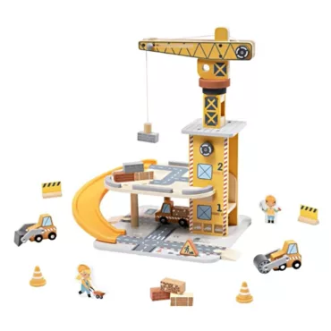 Дървен кран със строителна площадка и машини Tooky Toy с рампа за игра