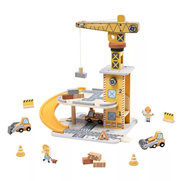 Дървен кран със строителна площадка и машини Tooky Toy с рампа за игра