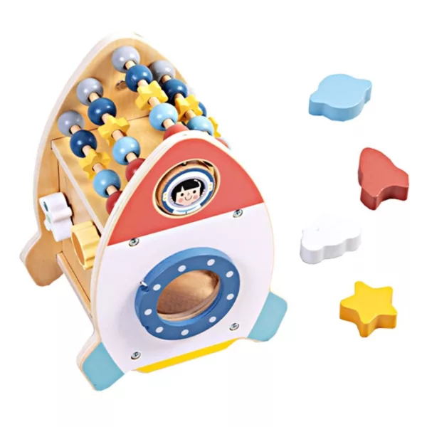 Дървена ракета с активности 6 в 1 Tooky Toy със сортер, лабиринт и цветни мъниста
