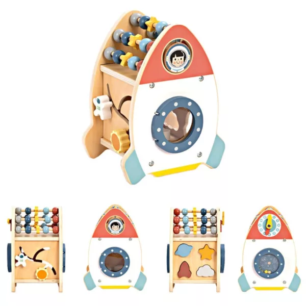 Дървена образователна ракета Tooky Toy с часовник, сортер и моторни активности