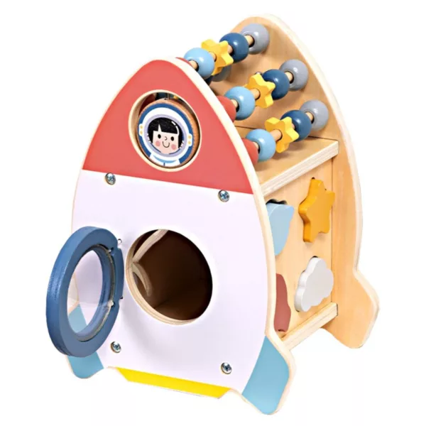 Дървена ракета Tooky Toy с отваряща вратичка, сортер и моторен лабиринт