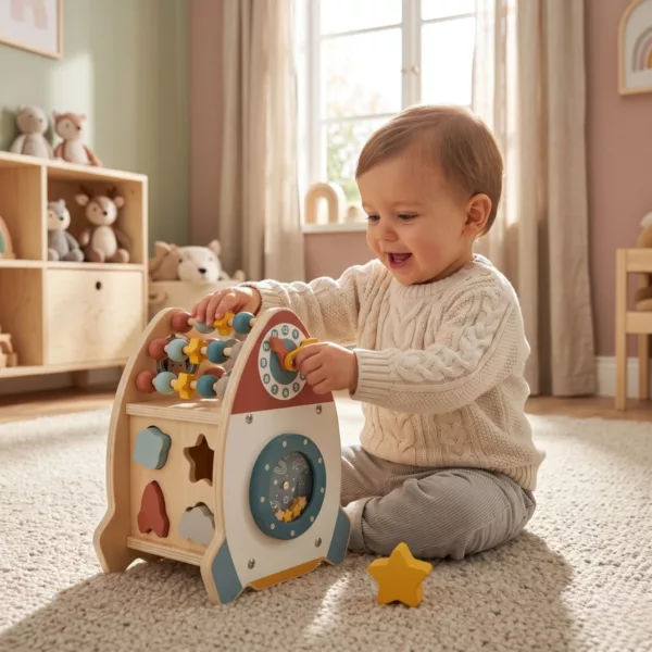 Малко дете играе с дървена ракета Tooky Toy със сортер и часовник