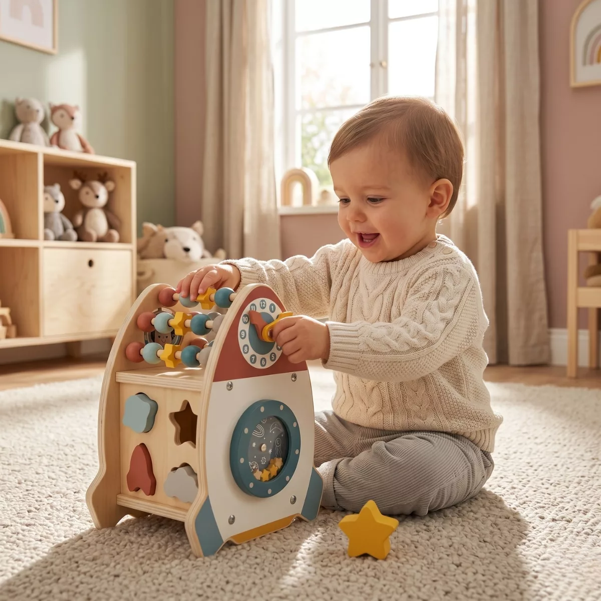 Малко дете играе с дървена ракета Tooky Toy със сортер и часовник