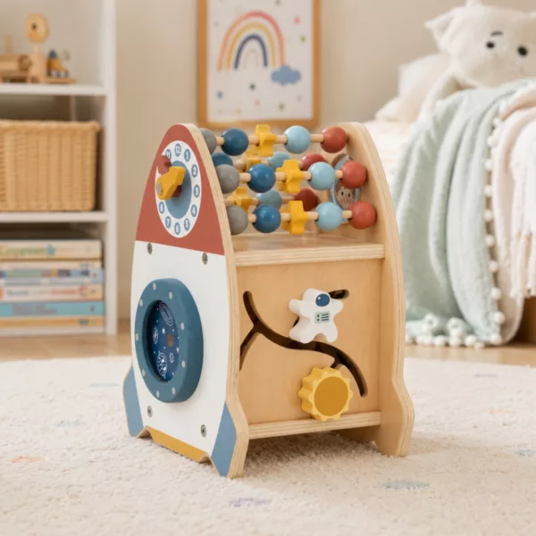 Дървена ракета с активности Tooky Toy в детска стая с лабиринт и сортер