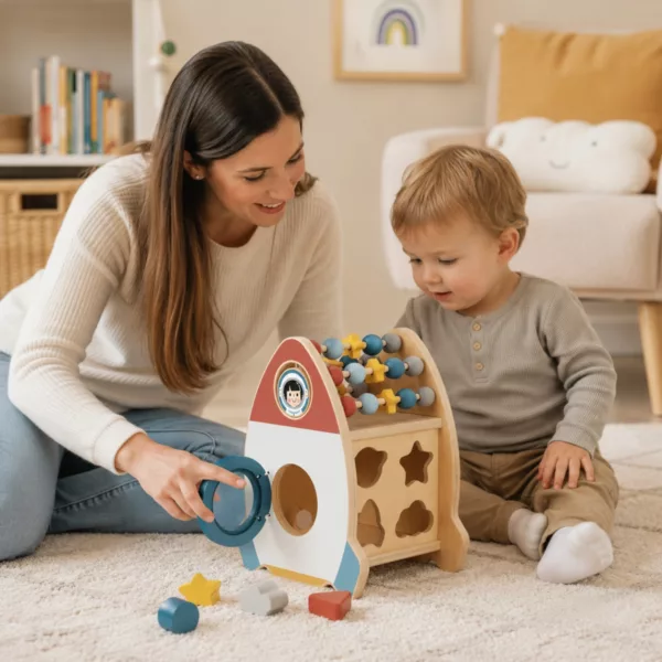Майка и дете играят с дървена ракета Tooky Toy със сортер и форми