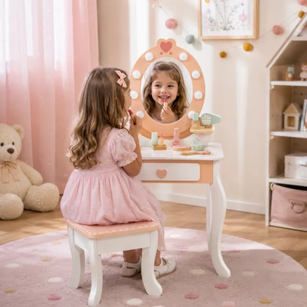 Момиченце играе с дървена тоалетка Tooky Toy с LED огледало и табуретка