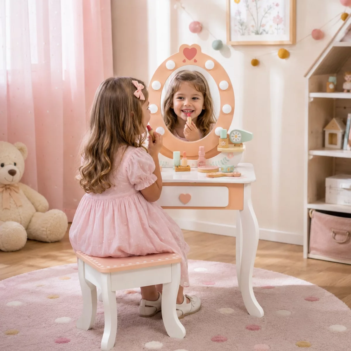 Момиченце играе с дървена тоалетка Tooky Toy с LED огледало и табуретка