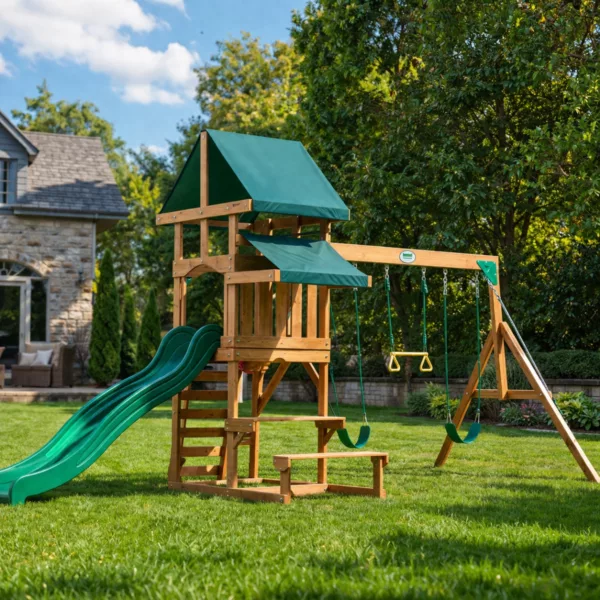Детска дървена площадка Belmont с люлки и пързалка, къщичка и пясъчник Backyard Discovery в озеленен двор