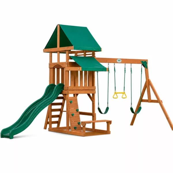 Детска дървена площадка Belmont с люлки, пързалка, къщичка и пясъчник Backyard Discovery на бял фон