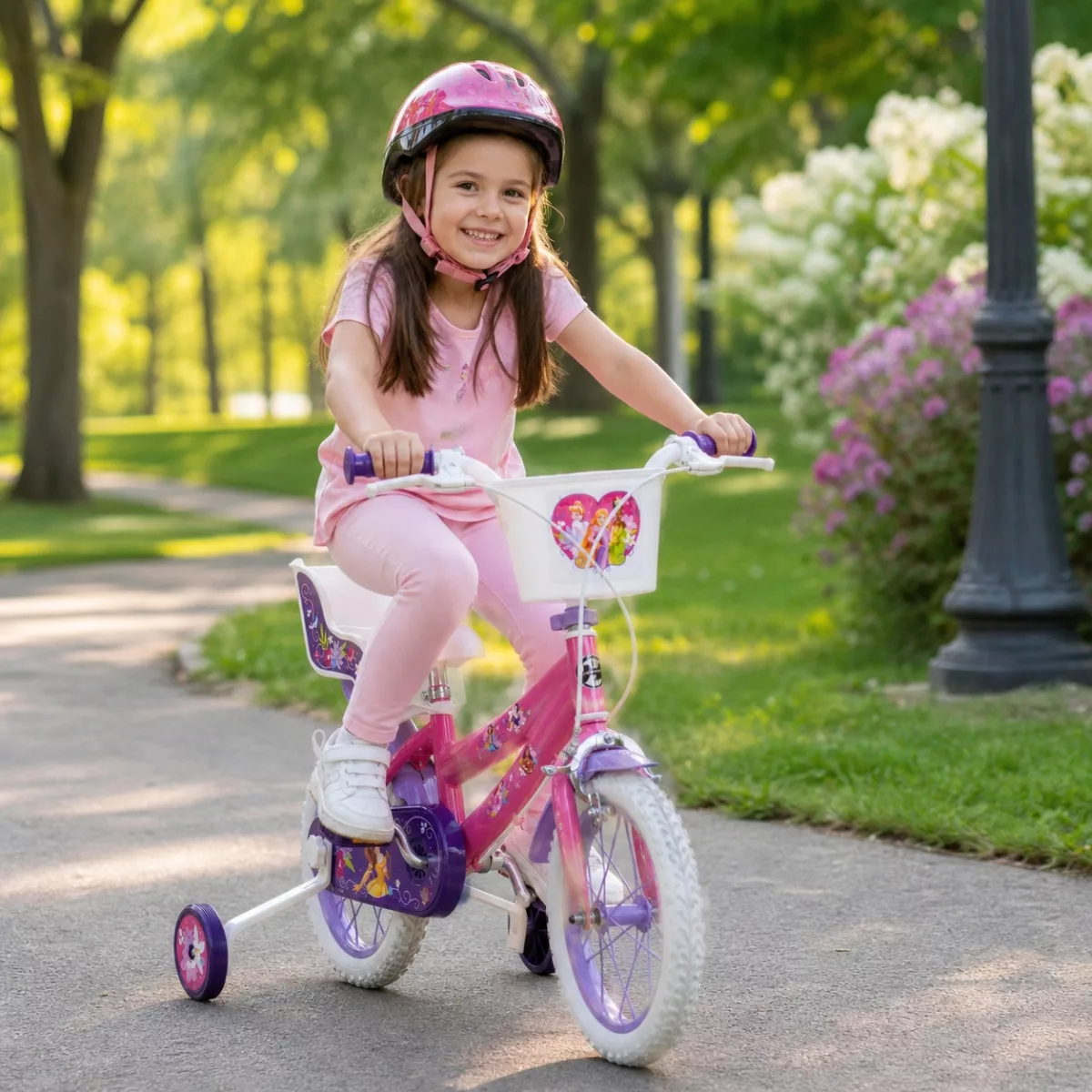 Детски велосипед 14 инча Disney Princess Huffy с помощни колела каране в парк за момиче