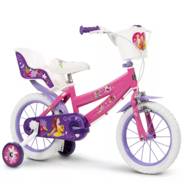 Детски велосипед 14 инча Disney Princess Huffy розов с лилави гуми и помощни колела за момиче